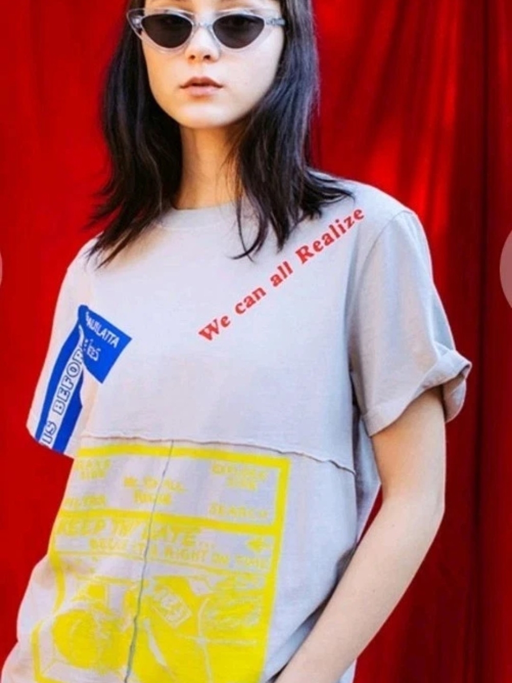 Eckhaus Latta X Come Collab Light Gray Tee with Yellow, Red and Blue Graphics
